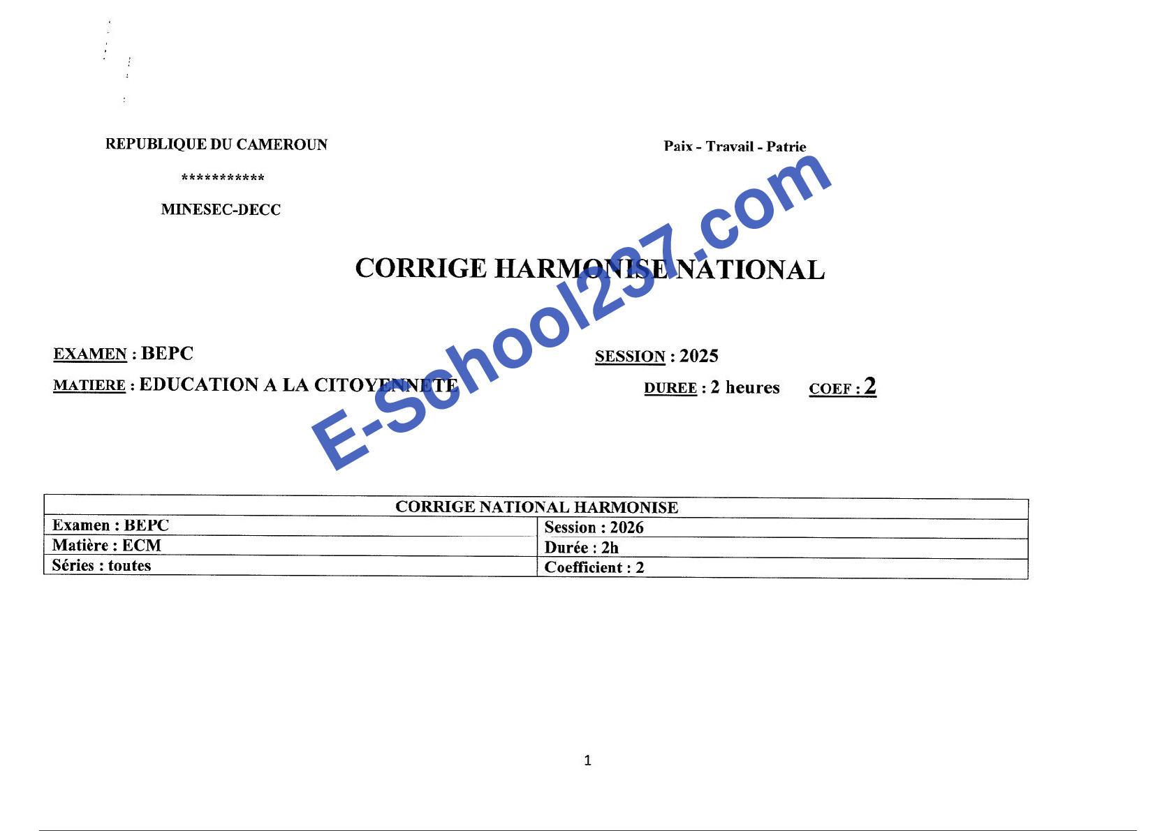 Corrigé Harmonisé National ECM BEPC 2026